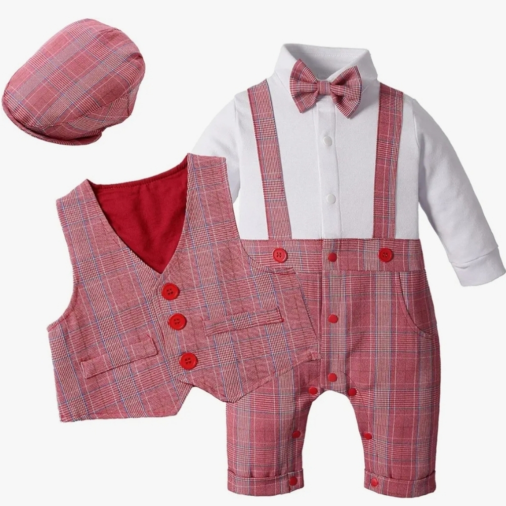 Plaid Red and White Kids Suspender Outfit Set
